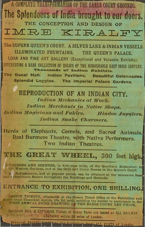 Double sided handbill for the Empire of India Exhibition at Earls Court, London, 1895.