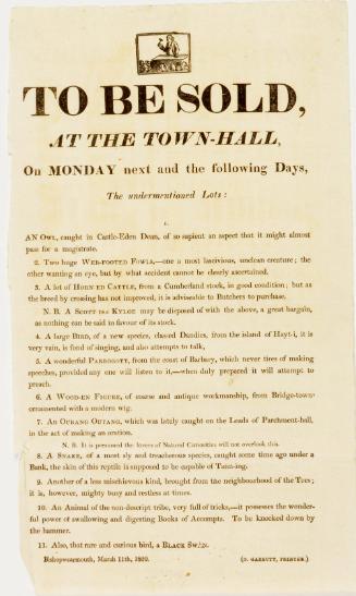 Announcement about a sale of various animals and birds. March 11, 1820
