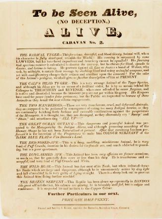 Handbill for a menagerie, Coventry