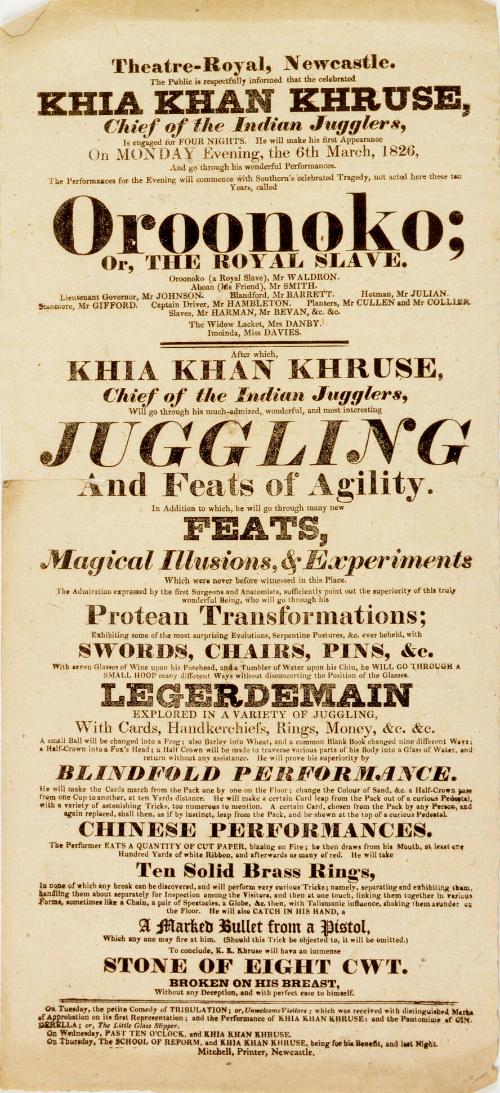 Handbill for Theatre Royal, Newcastle. March 6, 1826
