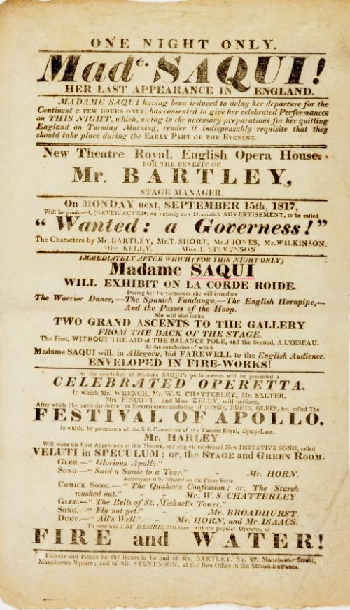 Handbill for New Theatre Royal, English Opera House. September 15, 1817