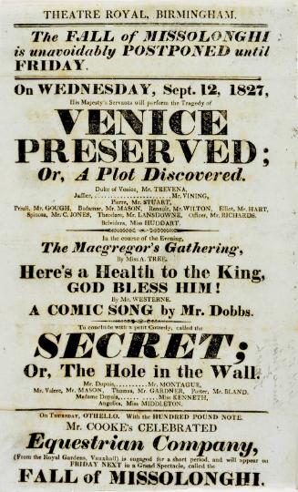 Handbill for Theatre Royal Birmingham, September 12, 1827