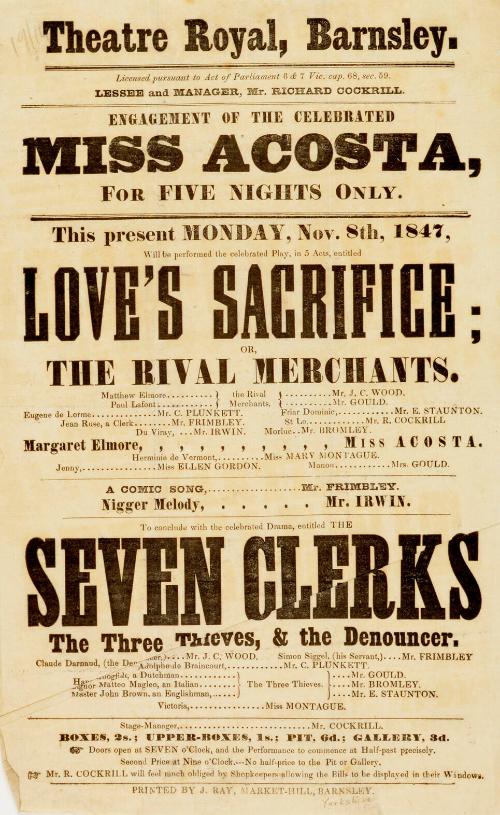 Handbill for Theatre Royal, Barnsley. November 8, 1847