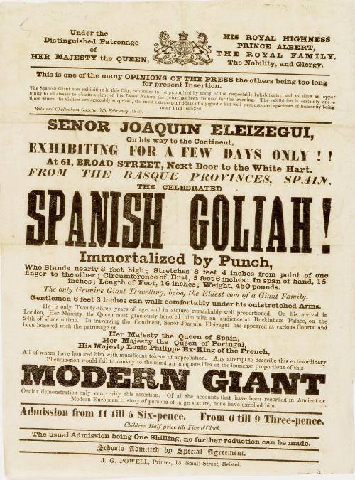 Handbill advertising the exhibition of The Spanish Goliah
