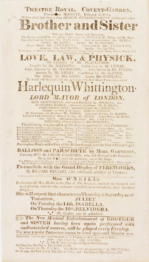 Handbill for Theatre-Royal, Covent Garden, London. February 6, 1815