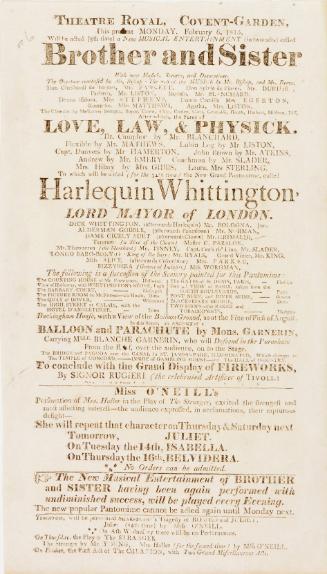 Handbill for Theatre-Royal, Covent Garden, London. February 6, 1815