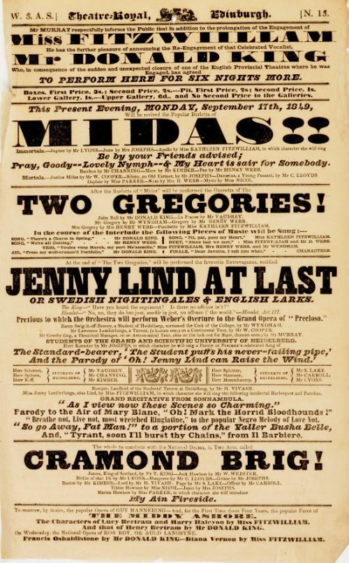 Handbill for Theatre-Royal, Edinburgh. September 17, 1849