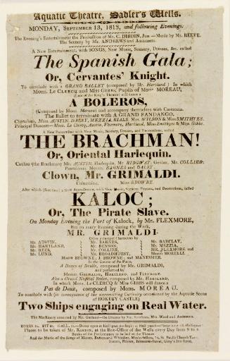 Handbill for Aquatic Theatre, Sadler's Wells, London. September 13, 1813.