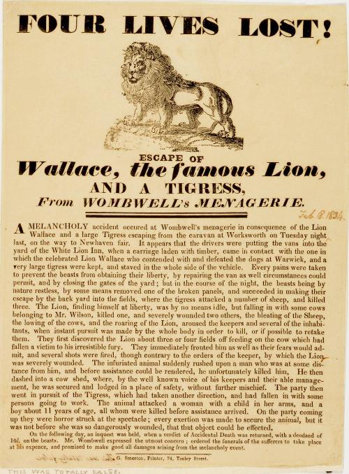 Handbill announcing the Escape of Wallace, the famous lion from Wombwell's Menagerie. February 13, 1834