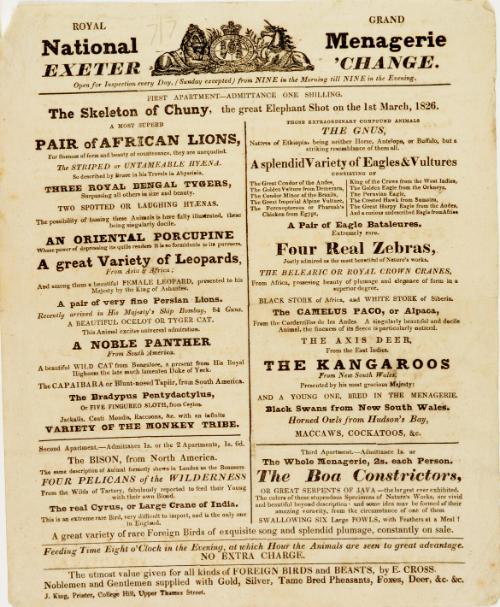 Handbill for the Royal Grand National Menagerie, Exeter 'Change. March 1, 1826