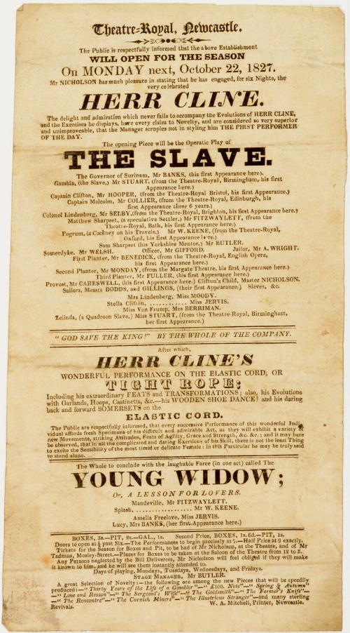 Handbill for Theatre-Royal Newcastle, October 22, 1827