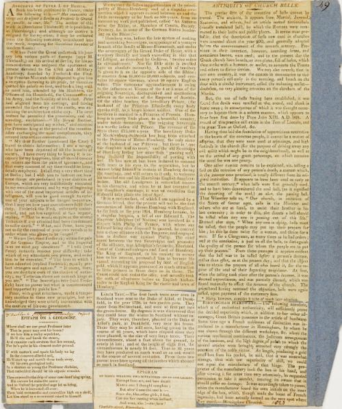 Scrap page containing a handbill for an exhibition of New Deer, with various clippings on the back, London, England, April 16, 1817