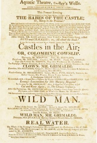 Handbill for The Aquatic Theatre, Sadler Wells. London. c. 1809