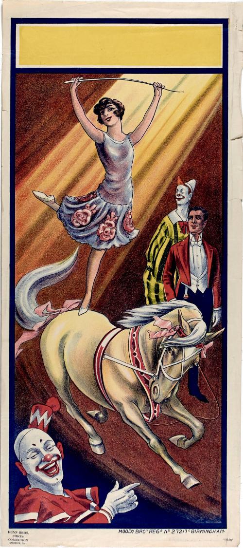 Stock poster of female equestrian performer with clowns