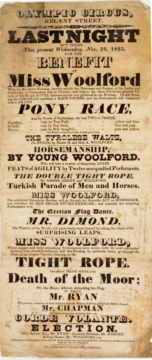 Playbill for Olympic Circus, Regent Street. November 16, 1825