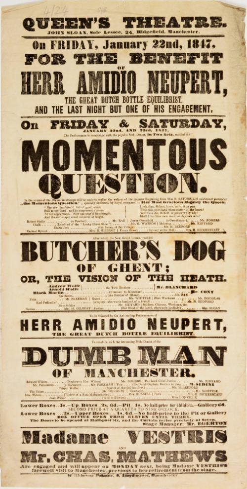 Playbill for Queen's Theatre, Manchester. January 22, 1847