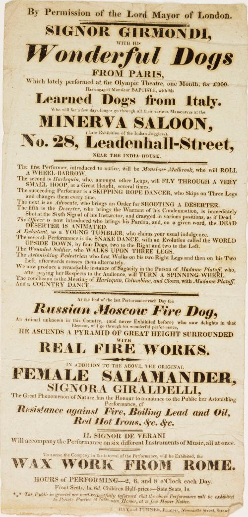 Handbill for Minerva Saloon, No. 28 Leadenhall Street, London. c. 1816