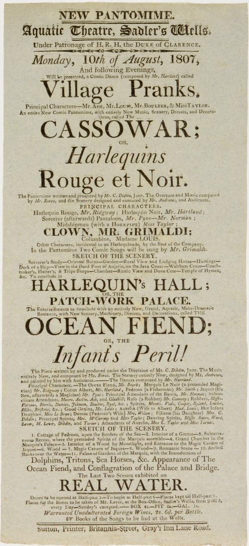 Playbill for Aquatic Theatre, Sadler's Wells. August 10, 1807
