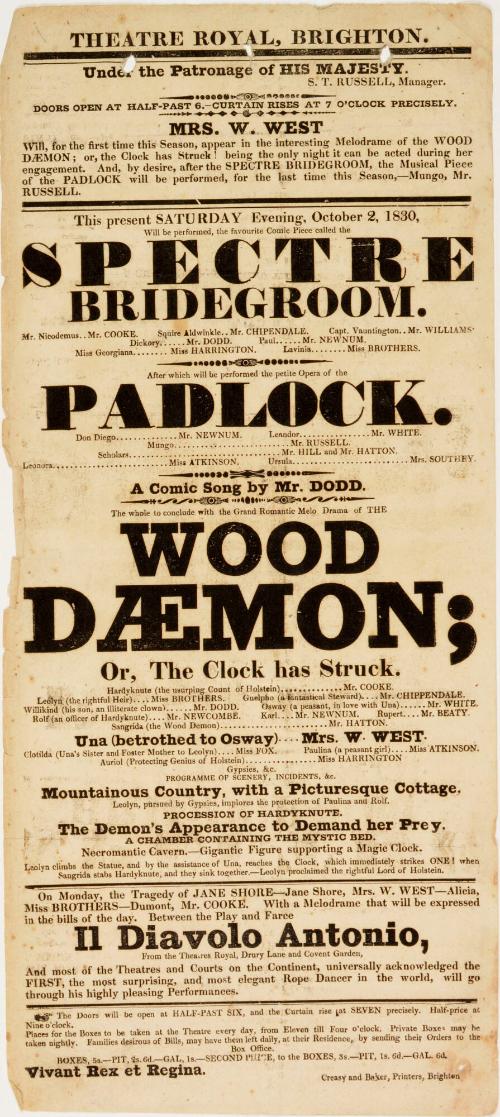 Playbill for Theatre Royal, Brighton. October 2, 1830