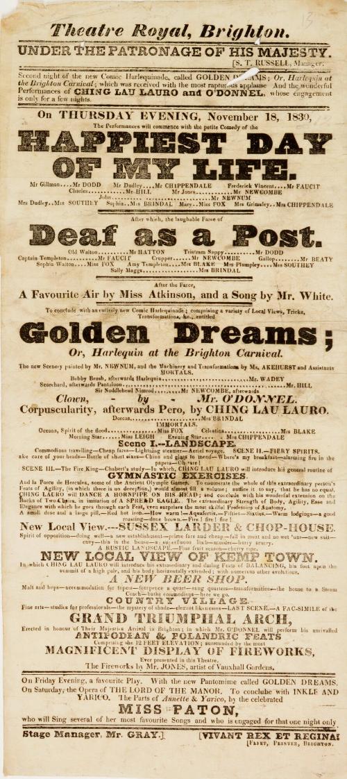 Playbill for Theatre Royal, Brighton. November 18, 1830