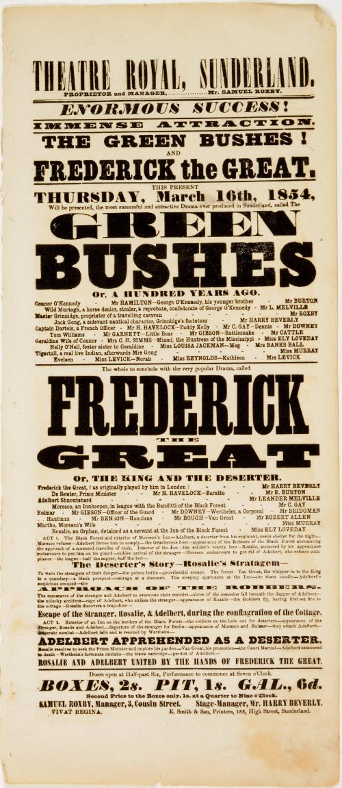 Playbill for Theatre Royal, Sunderland. March 16, 1854