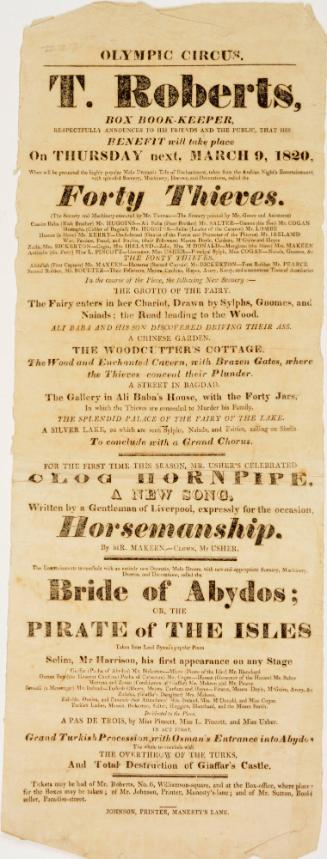 Playbill for Olympic Circus, London, March 9, 1820