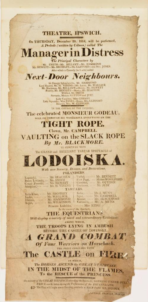 Playbill for Theatre, Ipswich. December 29, 1814