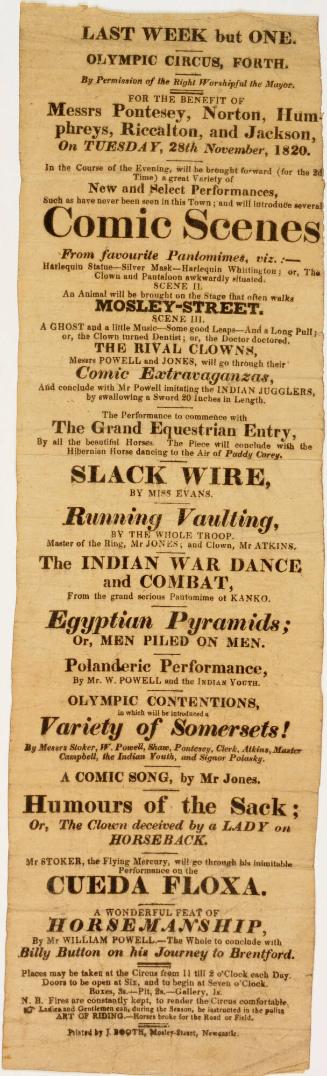 Playbill for Olympic Circus, November 28, 1820