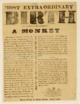 Handbill for "The Most Extraordinary Birth of a Child Resembling a Monkey"