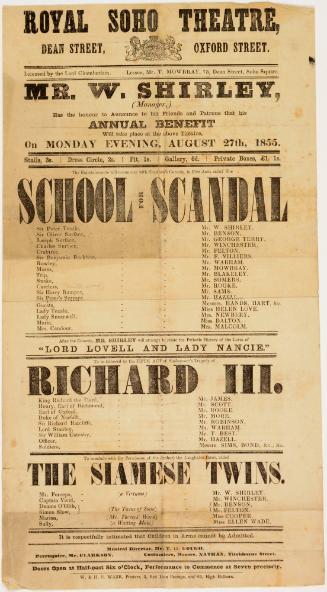 Playbill for Royal Soho Theatre, London. August 27, 1855