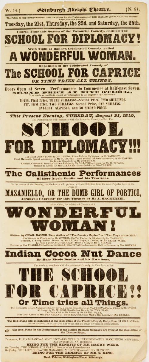 Playbill for Edinburgh Adelphi Theatre. August 21, 1849
