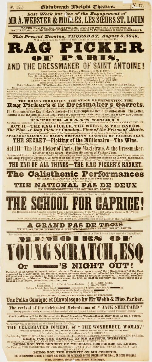 Playbill for Edinburgh Adelphi Theatre. August 9, 1849