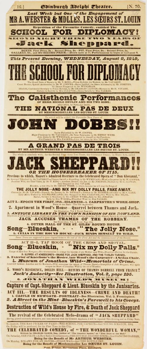 Playbill for Edinburgh Adelphi Theatre. August 8, 1849