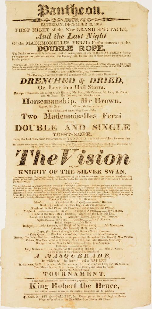 Playbill for Pantheon Theatre, Edinburgh. December 12, 1818