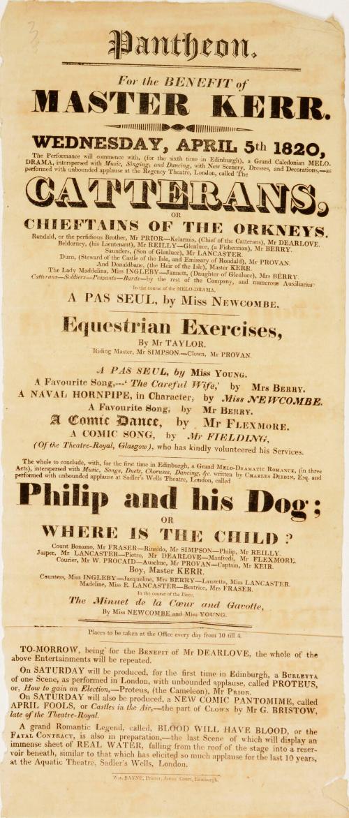 Playbill for Pantheon Theatre, Edinburgh. April 5, 1820