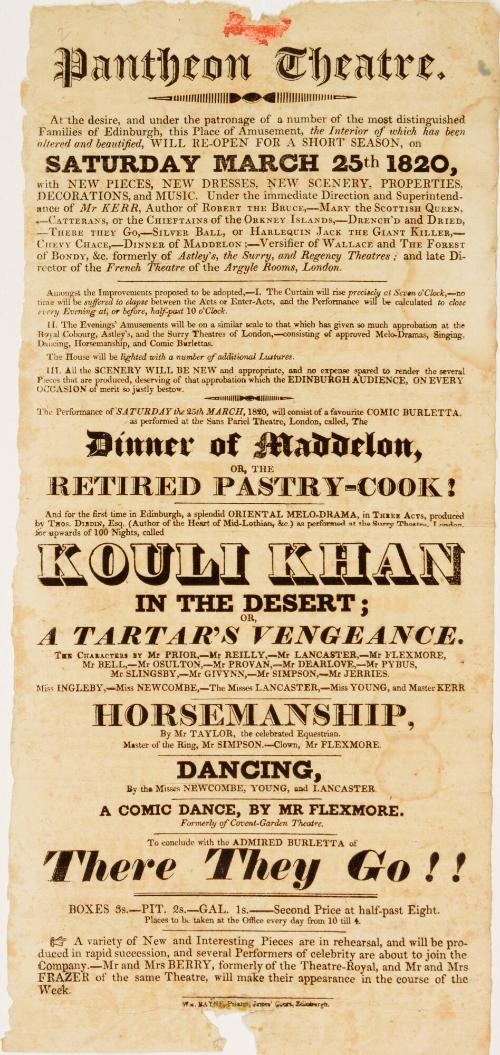 Playbill for Pantheon Theatre, Edinburgh. March 25, 1820