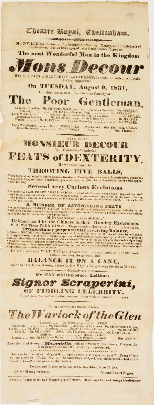 Playbill for Theatre Royal, Cheltenham. August 9, 1831