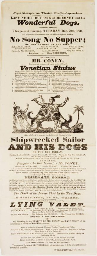 Playbill for the Royal Shakespearean Theatre, Stratford Upon Avon. December 20, 1831