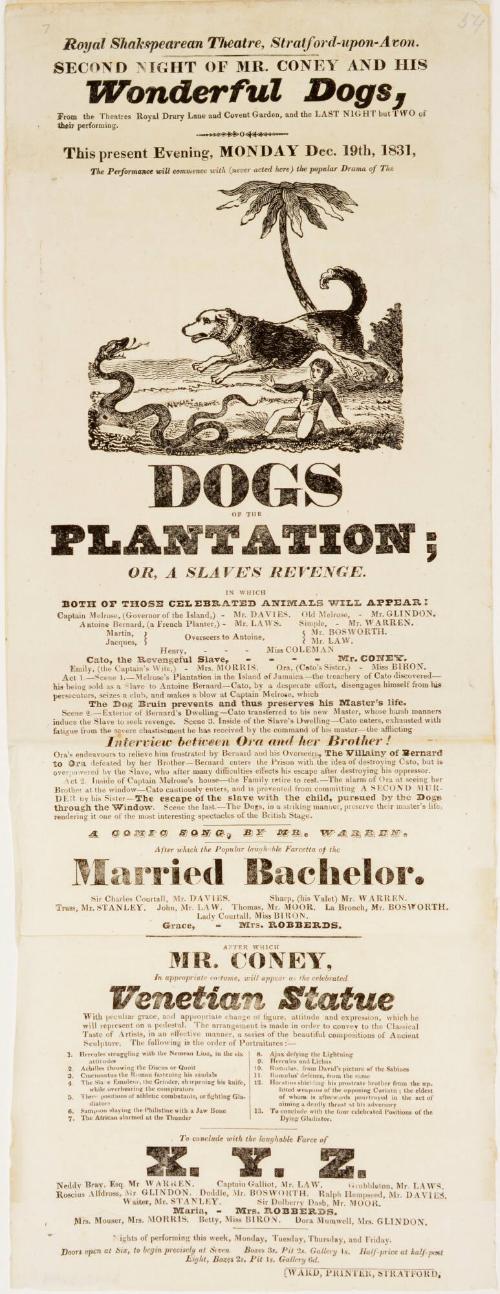 Playbill for the Royal Shakespearean Theatre, Stratford Upon Avon. December 19, 1831