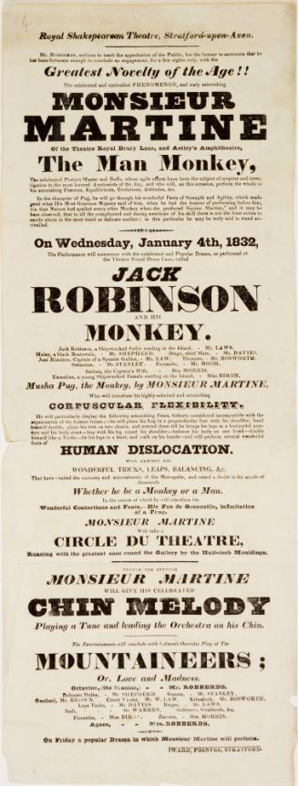 Playbill for the Royal Shakespearean Theatre, Stratford Upon Avon. January 4, 1832