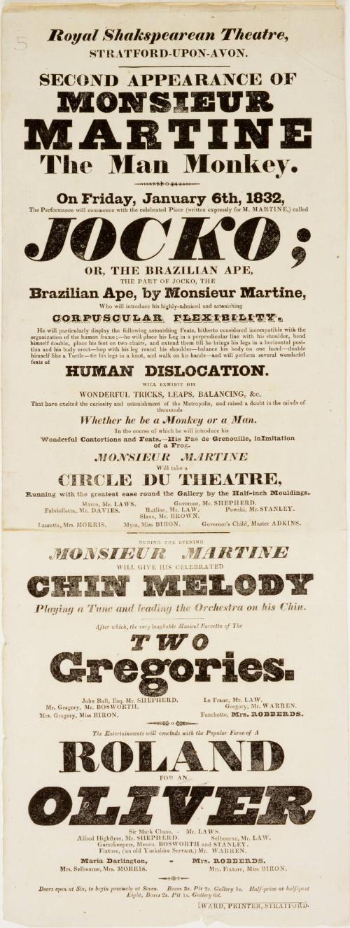 Playbill for Royal Shakespearean Theatre, Stratford-upon-Avon. January 6, 1832