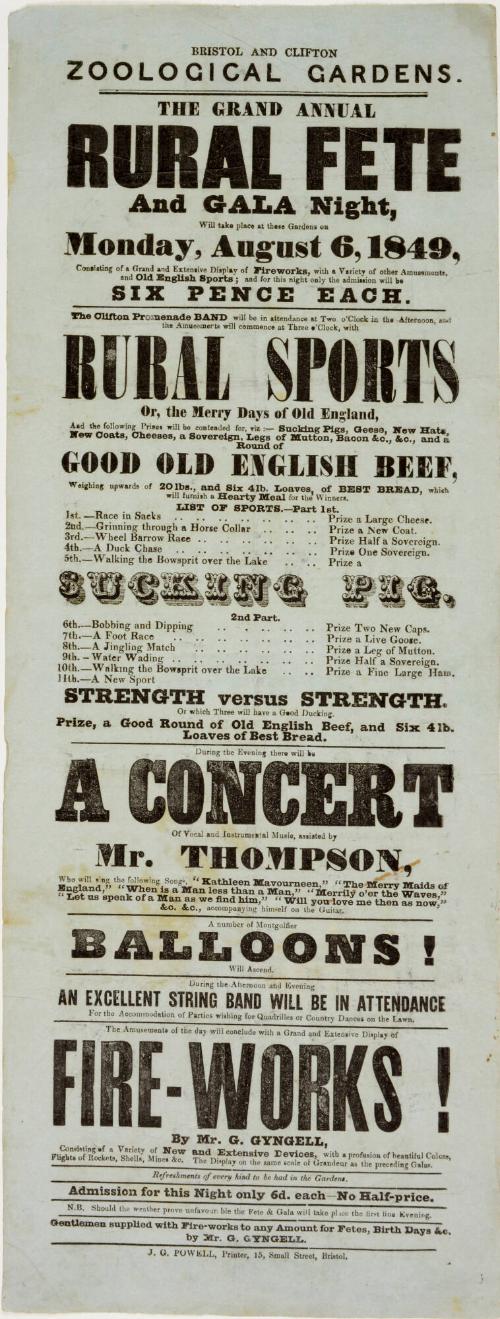 Playbill for Bristol and Clifton Gardens, Grand Annual Rural Fete. August 6, 1849