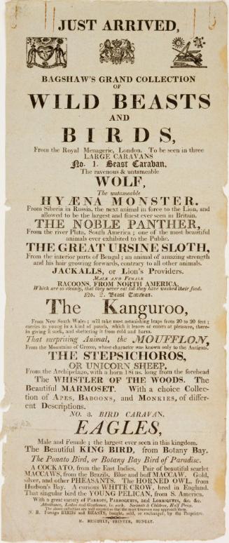 Playbill for Bagshaw's Grand Collection of Wild Beasts and Birds, Bungay