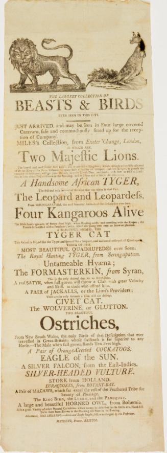 Playbill for a large menagerie exhibited at Bristol