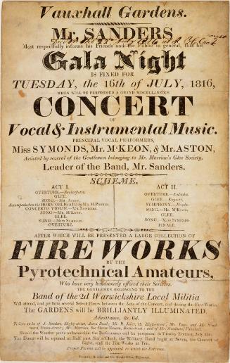 Handbill for Vauxhall Gardens, London. July 16, 1816
