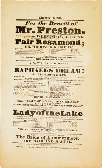 Handbill for Theatre, Leeds. August 8th, no year