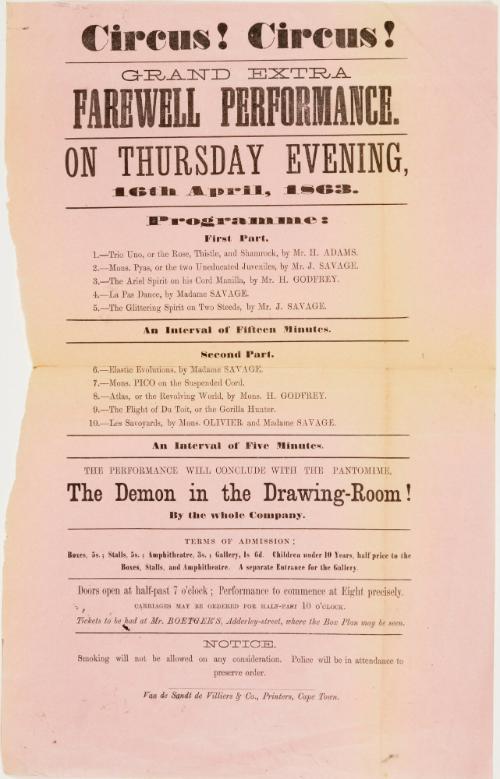 Playbill for a Farewell performance of a circus, Cape Town, 1863