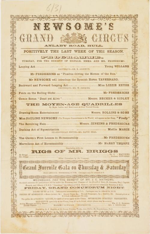 Handbill Program for Newsome's Grand Circus, Hull