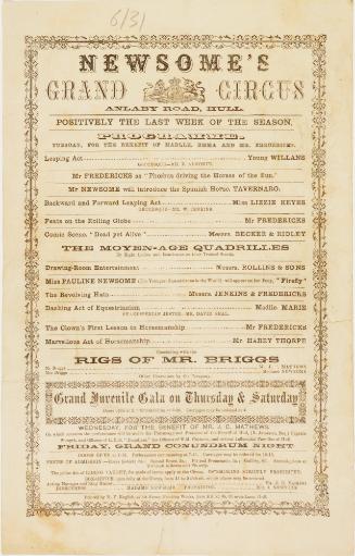 Handbill Program for Newsome's Grand Circus, Hull