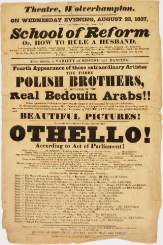 Handbill for Theatre, Wolverhampton, August 23, 1837